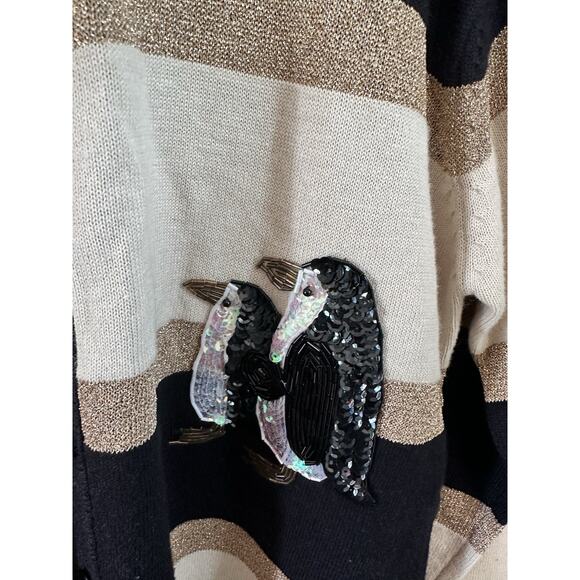 Terazzo Women’s black, beige, and gold striped cardigan with sequined penguins M - Picture 3 of 7
